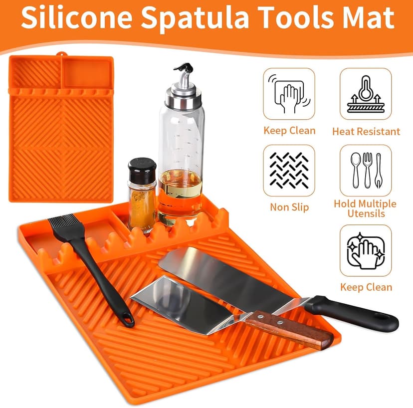 Silicone Griddle Tools Mat for Blackstone Weber Traeger Pit Boss - Side Shelf Spatula Mat with Drip Pad - Flat Top Grill Smoker Accessories for BBQ, Kitchen, Cooking, Countertop(Orange)