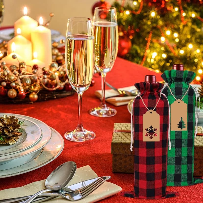 DULEFUN 12pcs Christmas Wine Burlap Bags, Xmas Wine's Bags Classic Buffalo Plaid Wine Bottle Bags Reusable Burlap Xmas wine Bottle Covers Clothes for Christmas New Year Wedding Holiday Parties