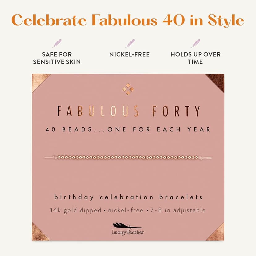 Lucky Feather 40th Birthday Gifts Women | Cute 14k Gold Dipped Beads Bracelet | Fabulous Forty Milestone Bracelet | 40th Birthday Bracelets For Women | Adjustable 7"- 8" Cord | 40 and fabulous
