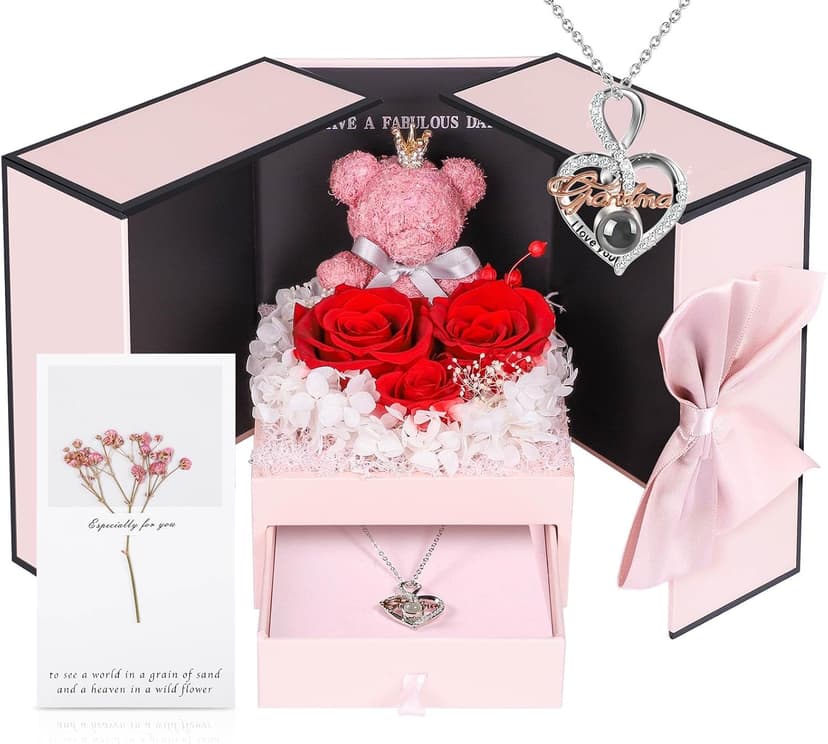 ADDWel Great Gifts for Grandma, Preserved Real Roses with I Love You 100 Languags Grandma Necklace, Cute Bear and Meaningful Eternal Roses for Grandmother Nana Birthday
