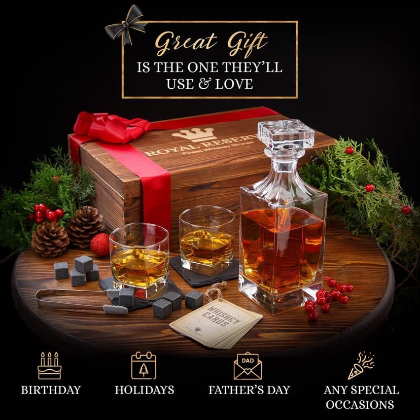 Whiskey Decanter Gift Set by Royal Reserve – Liquor Bourbon Decanter 24 oz 750 ml with Glasses, Chilling Stones, Coasters and Tong – Whiskey Gifts for Men, Husband, Dad, Boyfriend