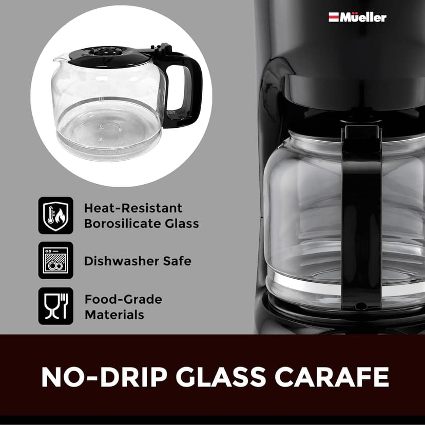 Mueller 12-Cup Drip Coffee Maker - Borosilicate Carafe, Auto-Off, Reusable Filter, Anti-Drip, Keep-Warm Function, Clear Water Level Window Coffee Machine, Kitchen Essentials & Accessories