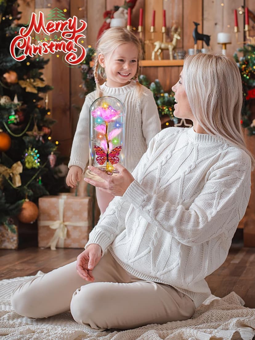 Beferr Christmas Rose Gifts for Women Mom Birthday Gifts, Galaxy Glass Rose Forever Preserved Flowers for Delivery Prime Light Up Rose in Glass Dome with Butterfly Xmas Gifts for Grandma Her Wife