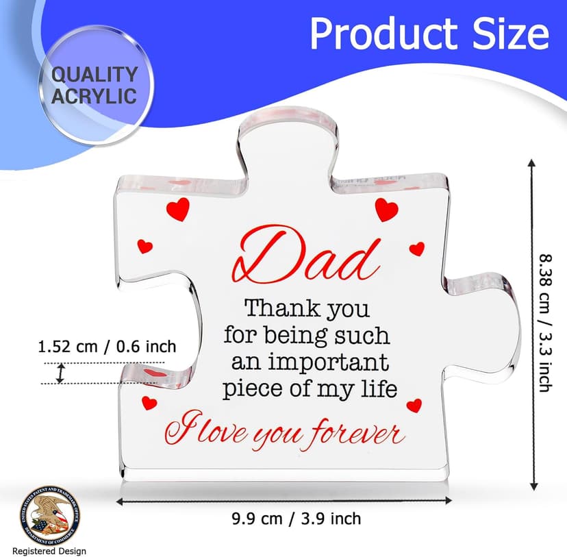 Fathers Day Dad Birthday Gift - Engraved Acrylic Block Puzzle Gifts for Dad 3.35 x 2.76 inch - Cool Father's Day Presents from Daughter, Son, Mom - Heartwarming Men Birthday Gift, Ideas