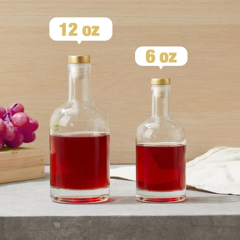 Mfacoy Set of 6 Glass Bottles, 12 oz Clear Liquor Bottles, Heavy Base Glass Bottle with T-Top Cap, Vodka Bottle for Wine Beverages Drinks Oil Vinegar Kombucha Beer with Cork Stopper Airtight Lid