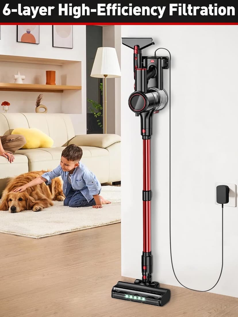 Cordless Vacuum Cleaner, 45KPA 8-in-1 Vacuum Cleaners for Home, 50Mins Runtime, Anti-Tangle Stick Vacuum with LED Display, Rechargeable Lightweight Vacuum for Pet Hair/Carpet/Floor (Red) (Red)