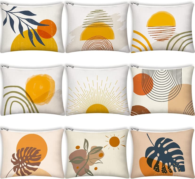 9Pcs Boho Cosmetic Bags Rainbow Retro Makeup Bag Sunshine Canvas Makeup Pouch for Purse Boho Nature Cosmetic Pouch Mid Centry Decor Travel Accessory Pouch