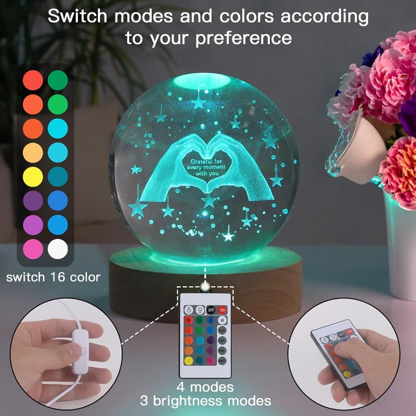 3D Crystal Ball Night Light, 16 Colors 4 Modes, Remotely Controlled, Night Light Room Decor, Funny Anniversary Christmas Gifts for Women, Girlfriends, Wives, Daughters