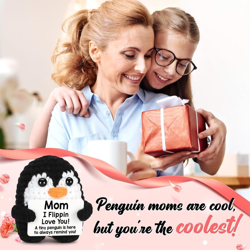 Birthday Gifts for Mom from Daughter Son, Handmade Crochet Mini Penguin Mom Gifts for Birthday Christmas Mama Mother in Law Bonus Step Mothers, Funny I Love You Mum Present Emotional Cute Decor