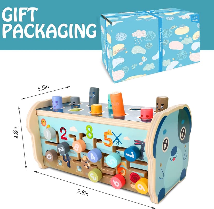 KIDWILL Montessori Pounding Toy for 1 2 Year Olds Wooden Hammering & Activity Board with Xylophone, Number Maze, Pounding Bench Educational Toddler Gift Toys Age 1-3