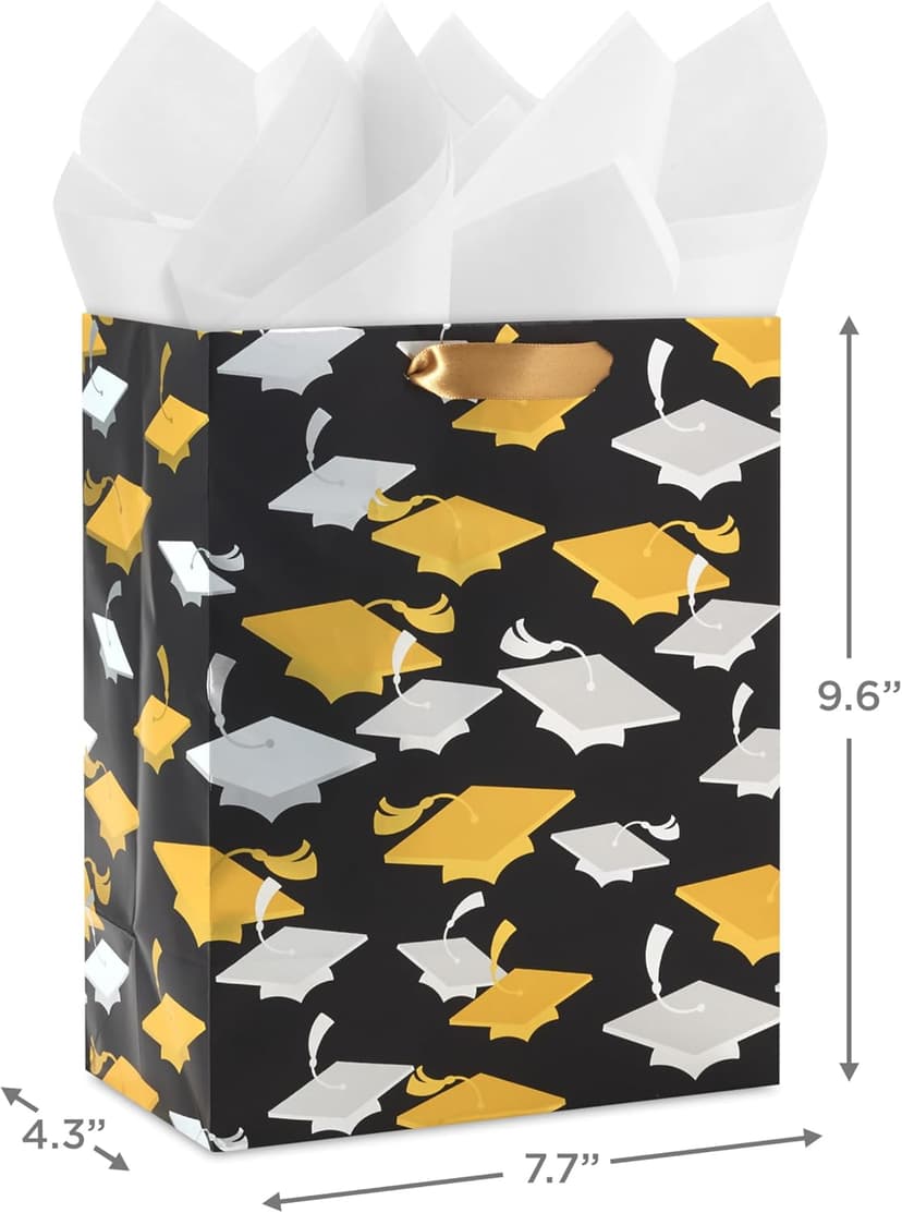Hallmark 9" Medium Graduation Gift Bag with Tissue Paper (Gold and Silver Mortarboards on Black) for College, High School, 8th Grade, Kindergarten, Nurses