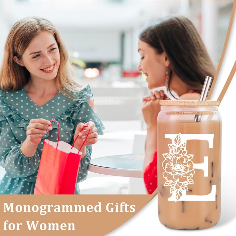 Coolife Initial Glass Cup, Monogrammed Gifts for Women, 16 oz Glass Cups w/Lids Straws, Iced Coffee Smoothie Beer Tumbler w/Straw Lid - Personalized Christmas, Birthday Gifts for Her Mom Friend Woman
