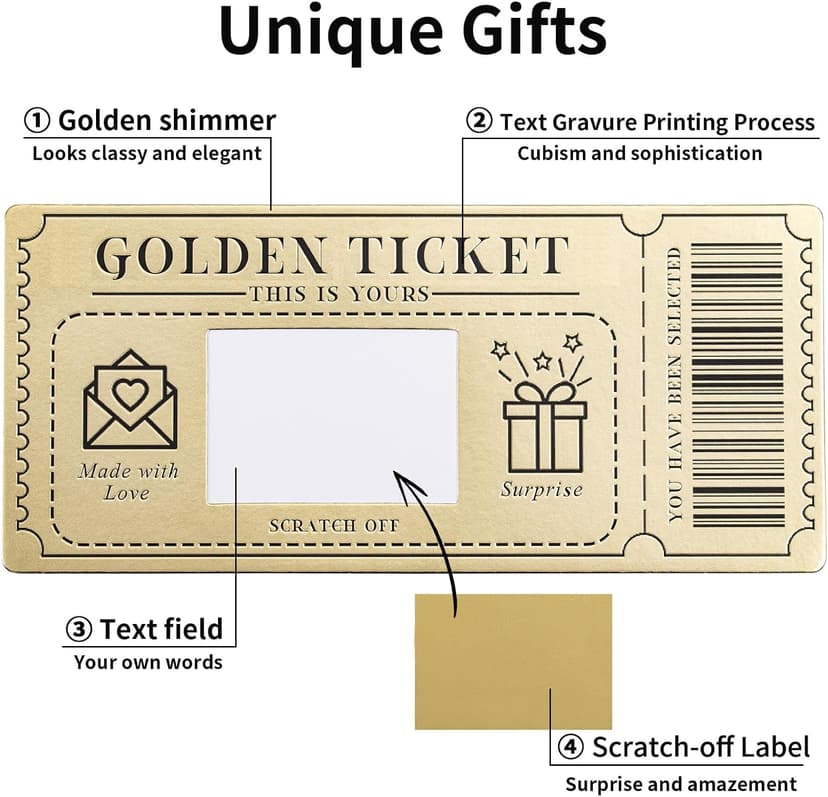 6 Pieces Golden Ticket Scratch-off Cards with Envelopes, Scratch & Reveal Surprise Ticket for Writing Your Own Special for Birthday, Girlfriends, Wives, Valentine's Day Card, Christmas Gift Card