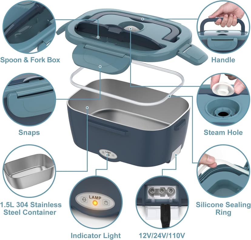 Electric Lunch Box Food Heater, 60-80W Heated Lunch Box for Adults, 12V 24V 110V Portable Food Warmer LunchBox for Car Truck Work with 304 Stainless Steel Container, Driver Trucker Gifts for Dad