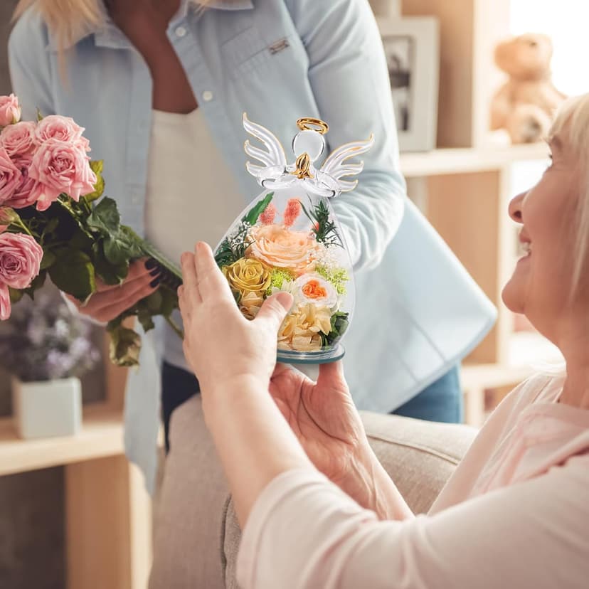 Gifts for Women Birthday Preserved Rose Forever Flower in Glass Angel Figurines Fresh Flowers for Delivery for Mom Real Colorful Roses for Grandma Sister Wife Her from Daughter