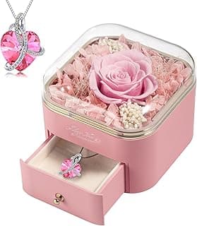 WILDLOVE Preserved Real Pink Rose with Heart Necklace, Forever Flowers Gifts for Mom Grandma Wife Girlfriend at Christmas, Valentines, Mothers Day, Anniversary or Birthday Gifts for Women