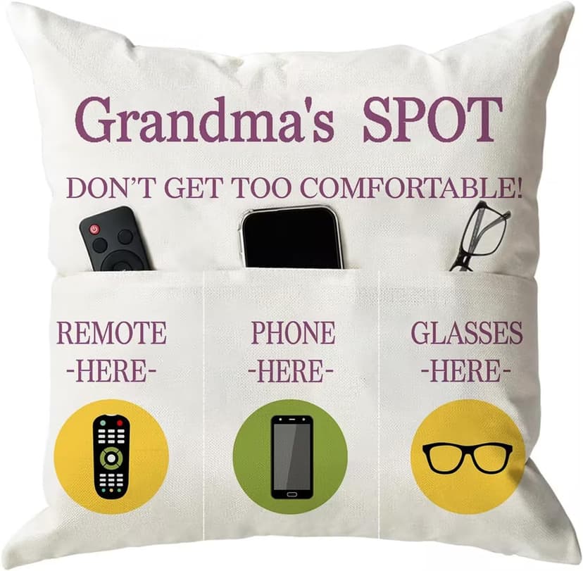 ONFAON Grandma Gifts, Grandma's Spot Throw Pillow Covers 18x18 Inch,Put Phone Glasses and Remote Control Pillowcase,Birthday Christmas hanksgiving Day Gifts for Grandma Mom,3-Pocket