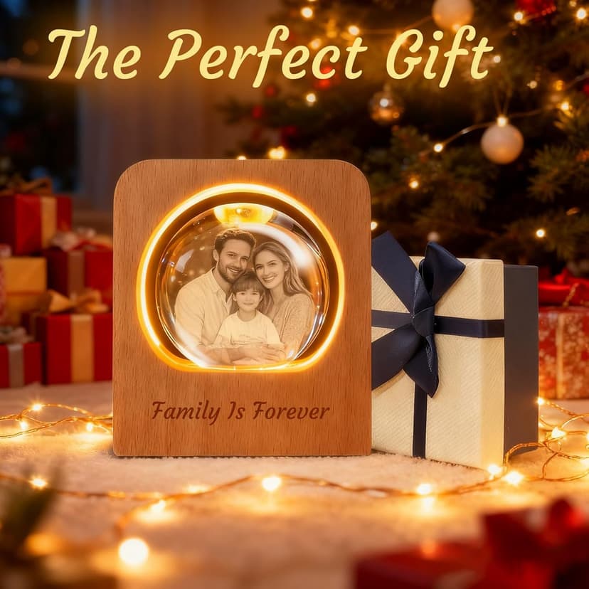 Personalized 3D Photo Crystal Ball, Memorial Gifts, Custom Engraved Picture Lamp with Wood Base, Color Changing Crystal Globe for Pets, Couples, Babies, Parents, Birthdays, Anniversaries(Circle)