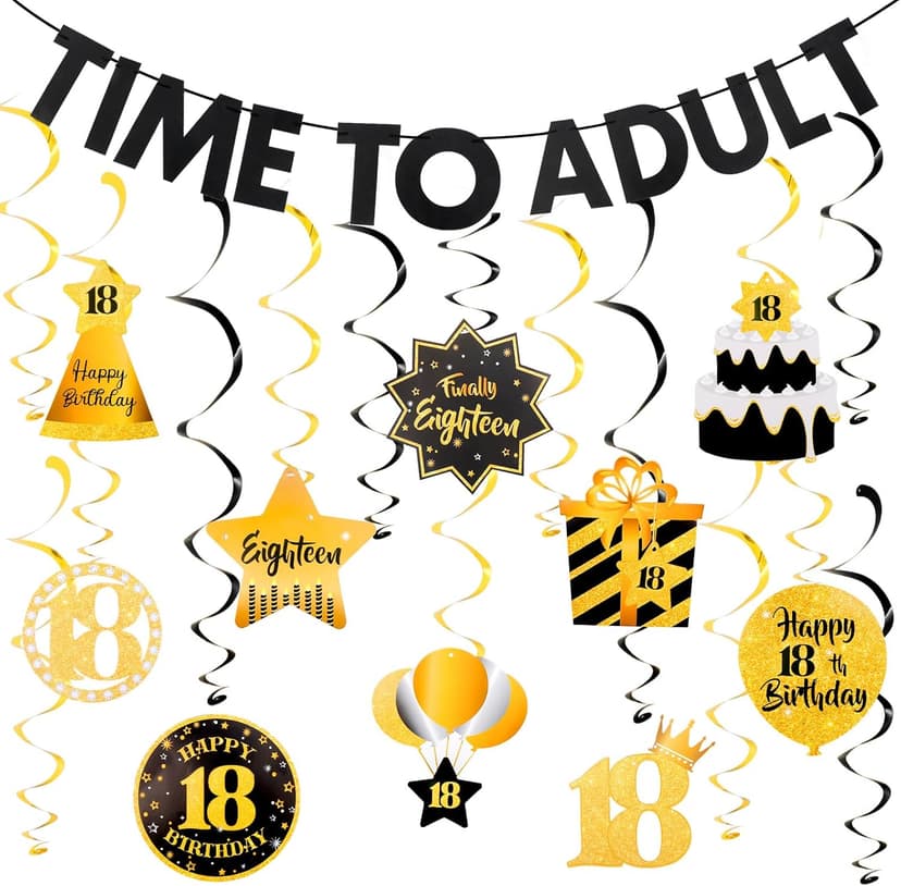 Black&Gold 18th Birthday Decorations for Boys Girls Happy 18th Birthday Decorations for Men Women Pre-Strung Time to Adult Banner and Hanging Swirls 18 Years Old Party Supplies