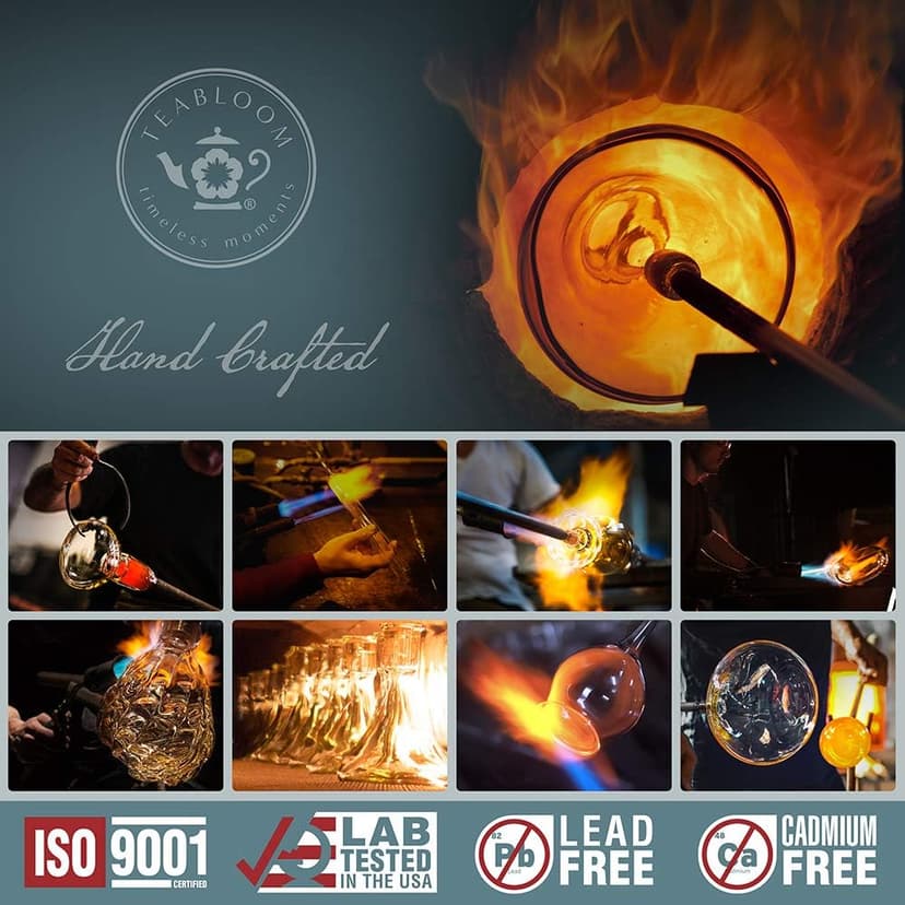 Teabloom Complete Glass Tea Set – Teapot (40 oz), Loose Tea Infuser, 4 Insulated Teacups, Tea Warmer with Candlelight, and 12 Flowering Teas – Elegant Blooming Tea Gift Set