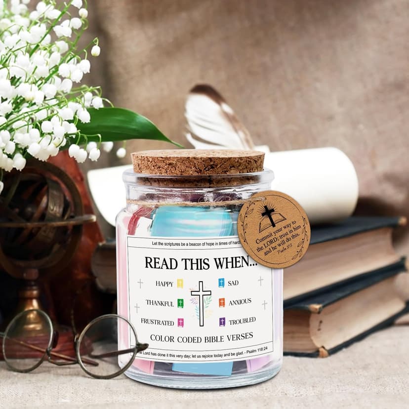 NewEleven Birthday Gifts For Women - Christian Gifts For Women, Her, Friends - Appreciation Present From Friend, Family - Decorative Glass Inspirational Scripture Jar With 92 Bible Verse