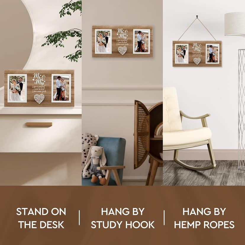 Personalized Wedding Gifts for Couples, Bridal Shower Gift for Bride, Mr & Mrs Photo Frame Holds 2pcs 4x6 Pictures, Unique Wedding Gifts for Newlyweds