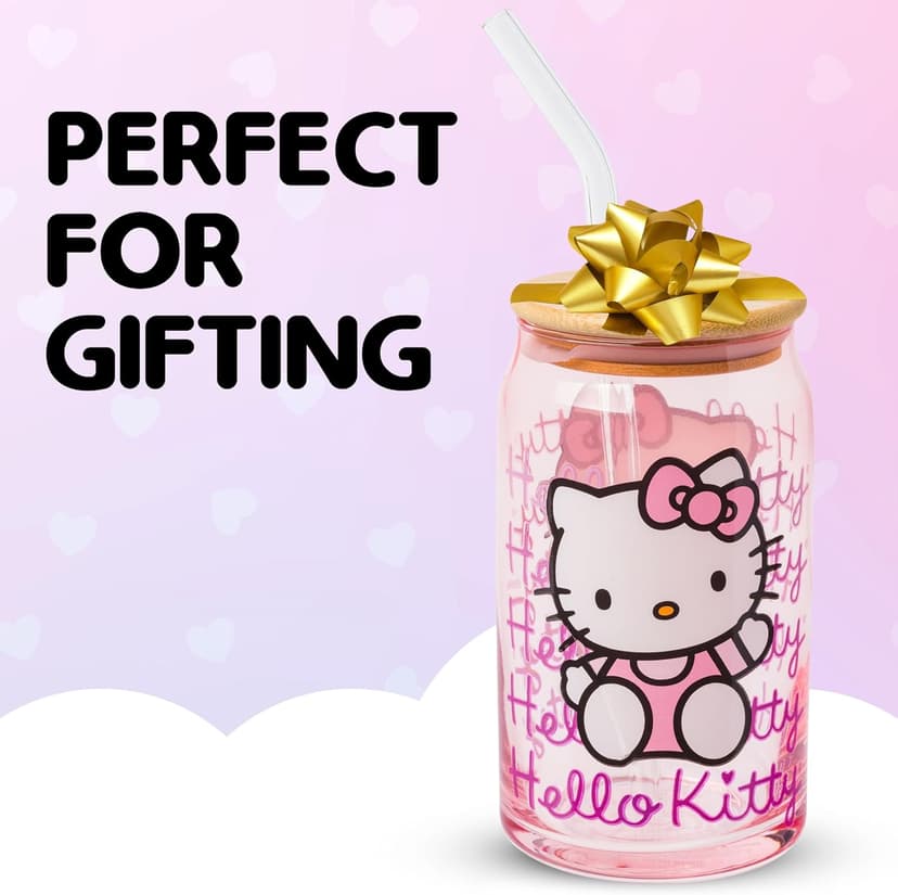 Silver Buffalo Sanrio Hello Kitty Waving Pink Glass Jar Tumbler with Bamboo Lid and Glass Straw, 16 Ounces