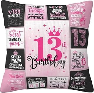 13th Birthday Gifts for Girls, 13 Year Old Girl Birthday Gift Ideas, 13 Yr Old Girl Presents Decorations for Girls Throw Pillow Covers 18x18 Inch