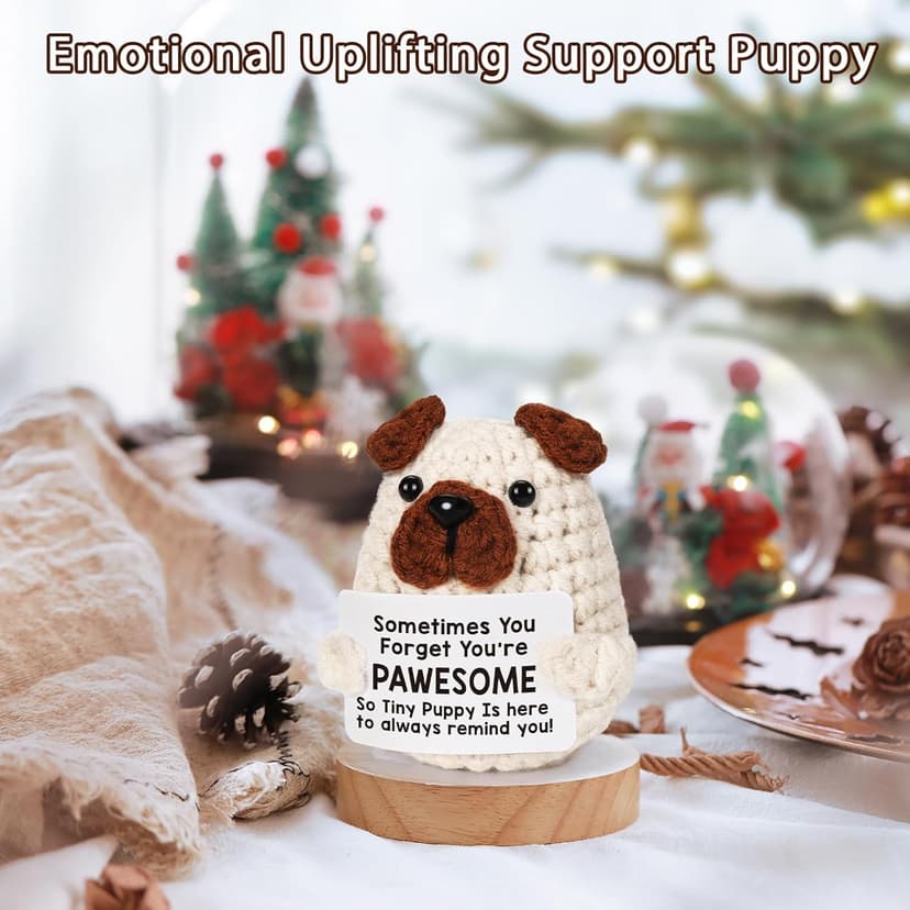 Positive Crochet Animals Puppy for Mom Women Friend Birthday, Emotional Inspirational Support Presents for Pet Lover Dog Mom Dad, Cute Handmade Tiny Pug Plush Doll