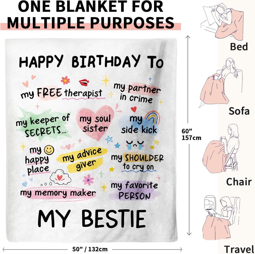 Best Friend Bestie Birthday Gifts for Women, Soft Flannel Blanket, Friend Birthday Gifts for Women Friendship, Happy Bday for Bestie BFF, 50 x 60 inches