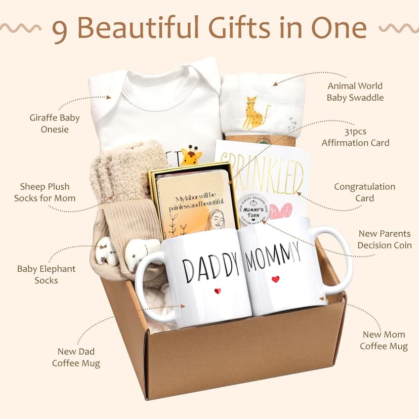 New Mom Gifts for Women, 9pcs Pregnancy Gifts for Expecting Mom, Cute Baby Gifts New Parents Gifts for Couples w/Mom and Dad Mugs for Gender Reveal Baby Shower First Time Mom to be Gifts(Khaki)