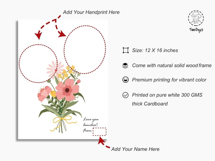 TwoDays Flower Bouquet Handprint Art Craft DIY Kit, Unique Gifts for Mom from Daughter or Son for Mother's Day Birthday Christmas, Gift for Grandma.(12" X 16", with Wood Frame)