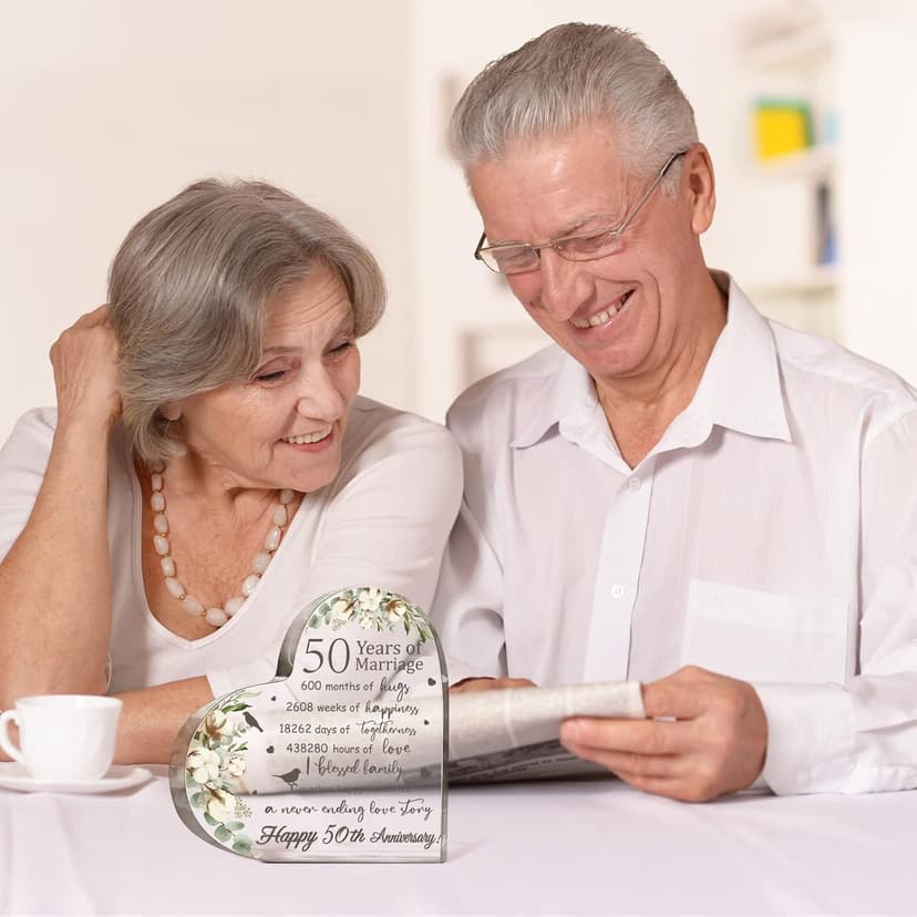 Yulejo Wedding Gift for Her: 50th Anniversary Keepsake Acrylic Heart Decor (White, 15.1 x 15.1 x 1.4 cm / 5.9 x 5.9 x 0.55 inches)