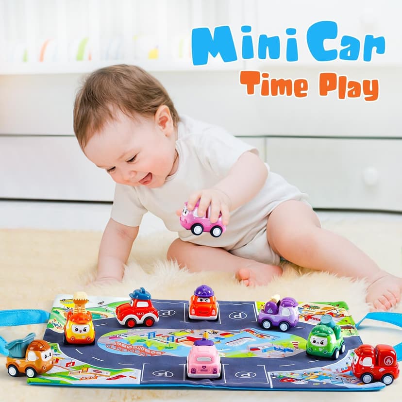 Mini Car Toys for 1 Year Old Boy Gifts, 12 Sets Pull-Back Trucks with Playmat/Storage Box for Toddlers Age 1-2, Baby Toys 12-18 Months, 1st Christmas Birthday Gifts for One Year Olds