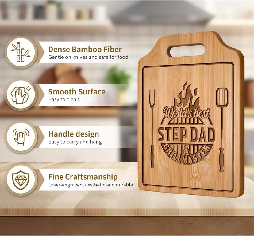 AceThrills Step Dad Gifts for Step Dad Birthday, Christmas, Fathers Day - Engraved Bamboo Cutting Board 12.3"L x 8.7"W x 0.4"Th
