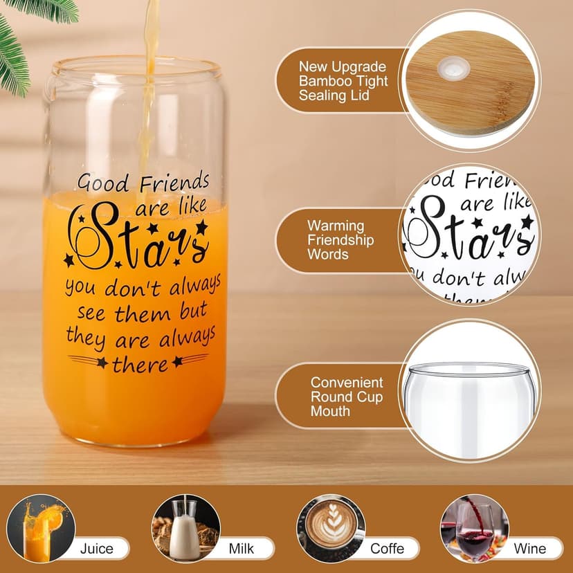 6 Set Friendship Gifts for Women,16 oz Galentines Day Glass Cup Friendship Gift Ideas Best Friend Birthday Gift Friendsgiving Wine Glasses Bulk Ice Coffee Cup for Friend Group(Friends Are Like Stars)