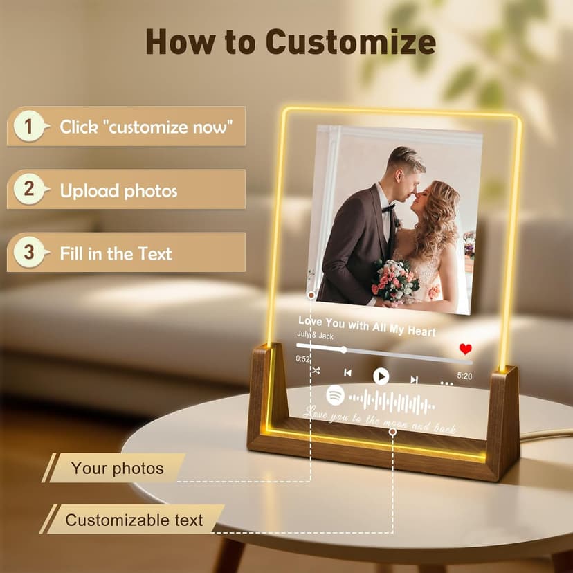 Custom Spotify Plaque-Personalized Picture Frames with Night Light,Music Plaque Frame,Personalized Anniversary Birthday Gifts for Women Men Girlfriend Boyfriend Couples