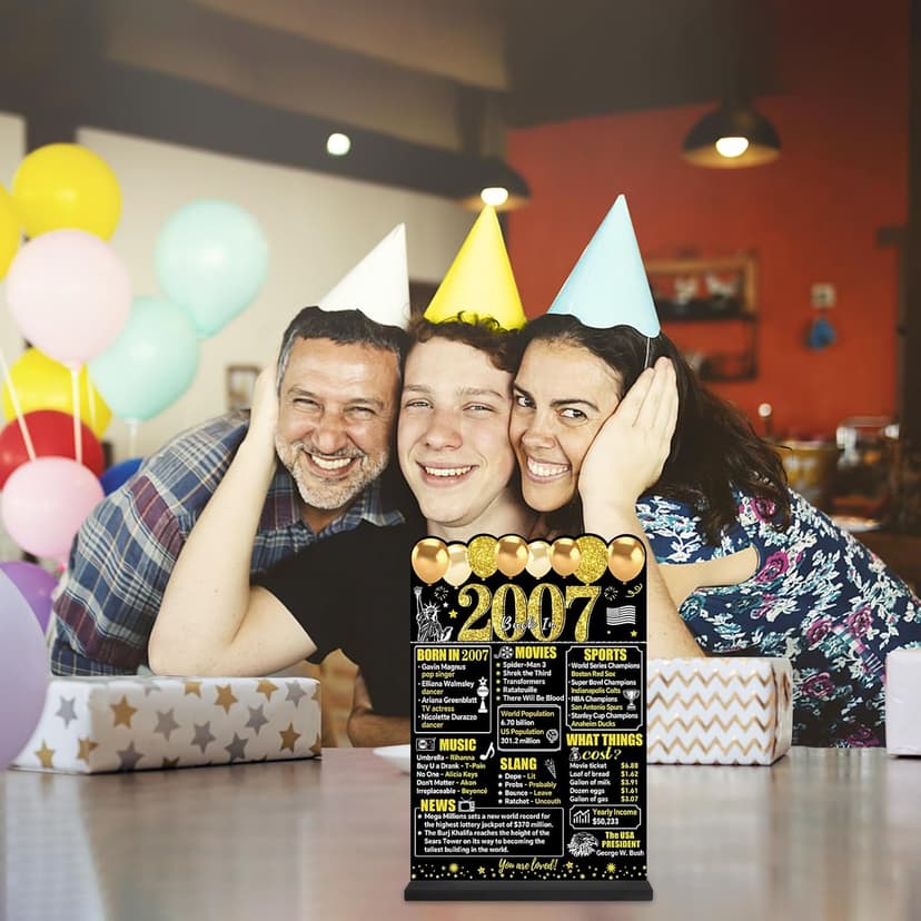 Black Gold 18th Birthday Decorations Gifts for Men Women, Two-Sided Vintage 18 Back in 2007 Theme Poster Wooden Table Sign with Stand, Eighteen Years Old Bday Centerpieces Holder for Table Decor