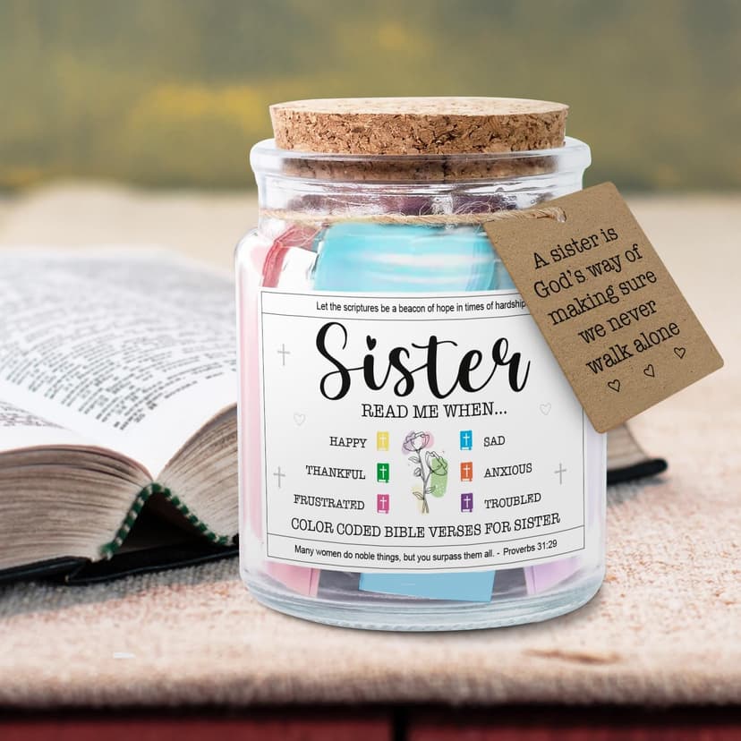 NewEleven Sister Birthday Gifts - Gift For Sister, Soul Sis, Sisters In Law - Sisters Gifts From Sister, Brother, Friend, Family - Decorative Glass Scripture Jar With 92 Bible Verse