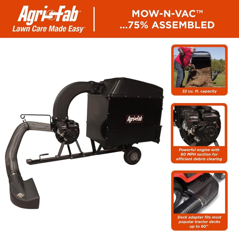 Agri-Fab 45-0631 Large Capacity 32 CU FT Hard Top Mow- N-Vac, Tow Behind Lawn Vacuum, Leaf Vacuum, Gas Powered, Easy Foot Pedal Dumping
