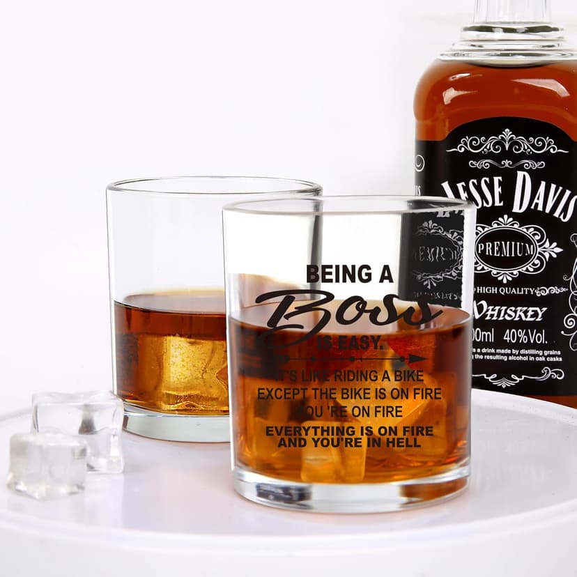 Jogskeor Boss Gifts, Being A Boss Is Easy 10oz Whiskey Glass, Birthday Christmas Gifts for Men Him Manager Leader