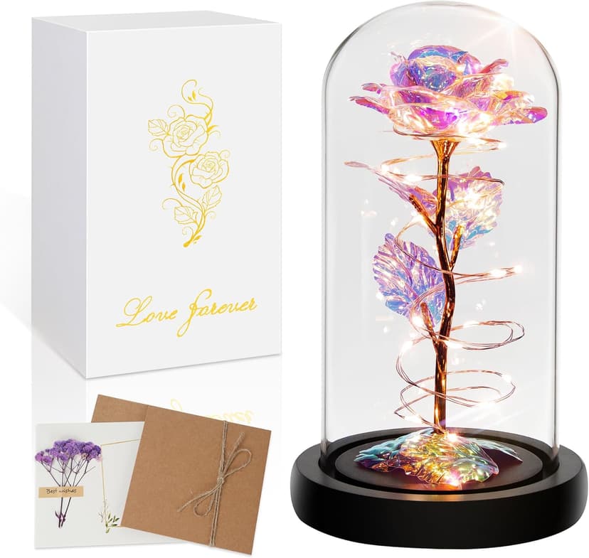 Childom Birthday Gifts for Women,Flowers for Delivery Prime,Colorful Rainbow Light Up Rose in A Glass Dome,Christmas Rose Gifts for Her Mom Women Wife Girl Grandma on Christmas Anniversary Valentines