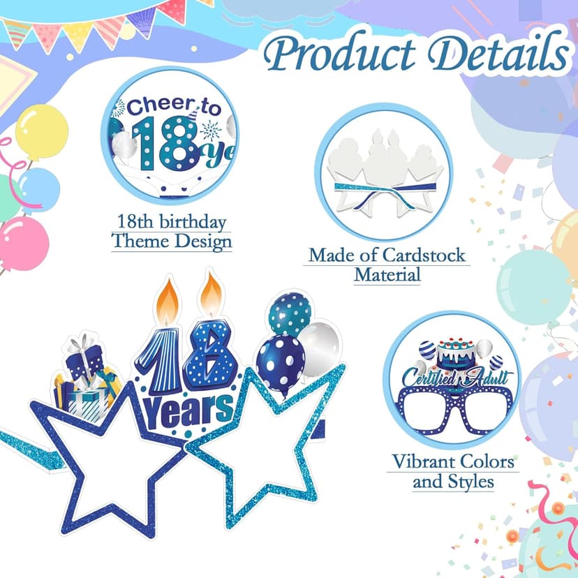 Konsait 18th Birthday Glasses - 18 Pack Blue Silver Paper Glasses 18th Birthday Gifts for Boy, Party Decorations, Accessories & Photo Props