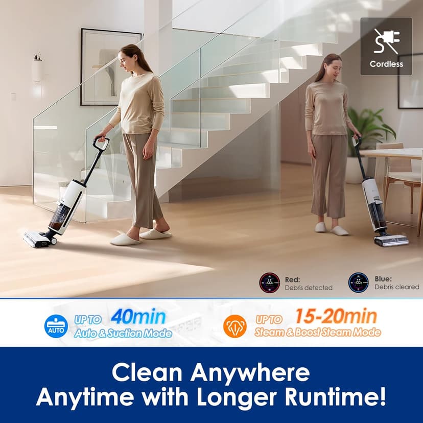 Tineco Floor ONE S7 Steam Cordless Wet Dry Vacuum Steam Mop All-in-One, Floor Washer for Sticky Mess Clean Up on Hard Floors with Digital Display, Self-Cleaning, Edge Cleaning, Safe for Kids & Pets
