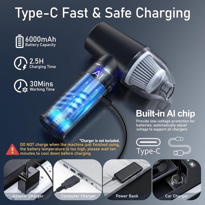 Compressed Air Duster Electric Computer Vacuum Cleaner for Keyboard Duster Cleaning Dust Vacuum Cordless Canned Air 11000PA Mini Car Vacuum PC Air Blower for Office Home (Dustbin-Gray)