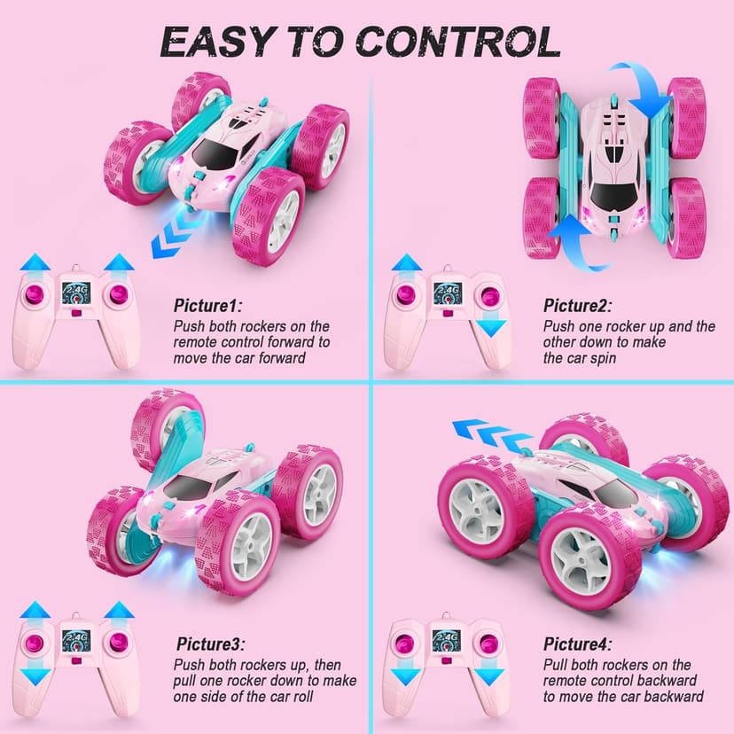 RC Cars, Pink Remote Control Car for Girls, 2.4 GHZ Double Sided RC Stunt Car 360° Rotating Remote Control Crawler with Headlights Car Toys for 6 7 8 9 10 11 12 Girls Birthday Gift Grandkids