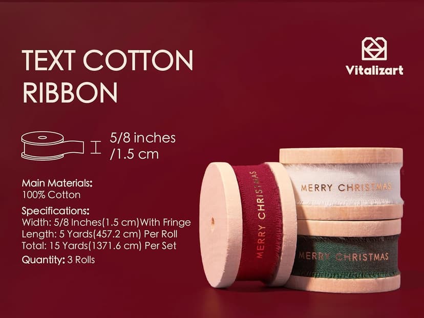 Vitalizart Merry Christmas Ribbon 5/8 Inch Natural Cotton Handmade Frayed Fringe Ribbons 15 Yd for Gift Wrapping Crafts Flower Wreath Garland Holiday Decorations Green Red White