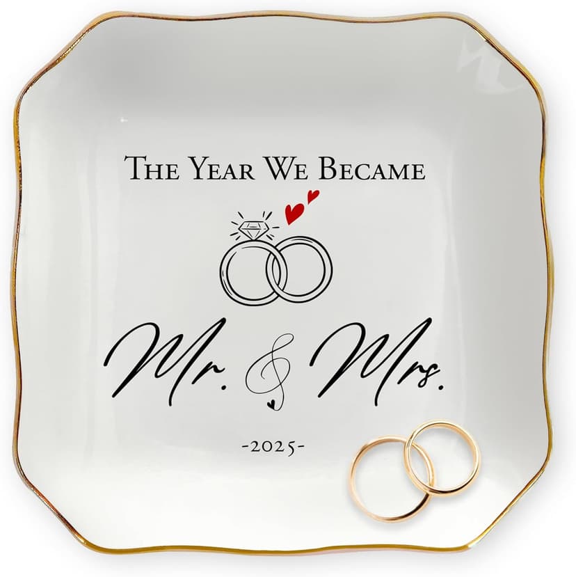 OASSIE Wedding Gifts for Couple 2025 - Mr & Mrs 4"x4" Ceramic Jewelry Dish Tray - Bridal Shower Gifts for Women, Marriage Gift Ideas, Anniversary Engagement Gifts for Couples, Jewelry Holder Dish