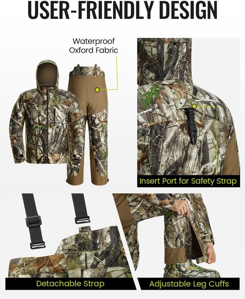 TIDEWE Hunting Clothes for Men with Face Mask, Silent Waterproof Hunting Jacket and Adjustable Bibs, Safety Strap Compatible