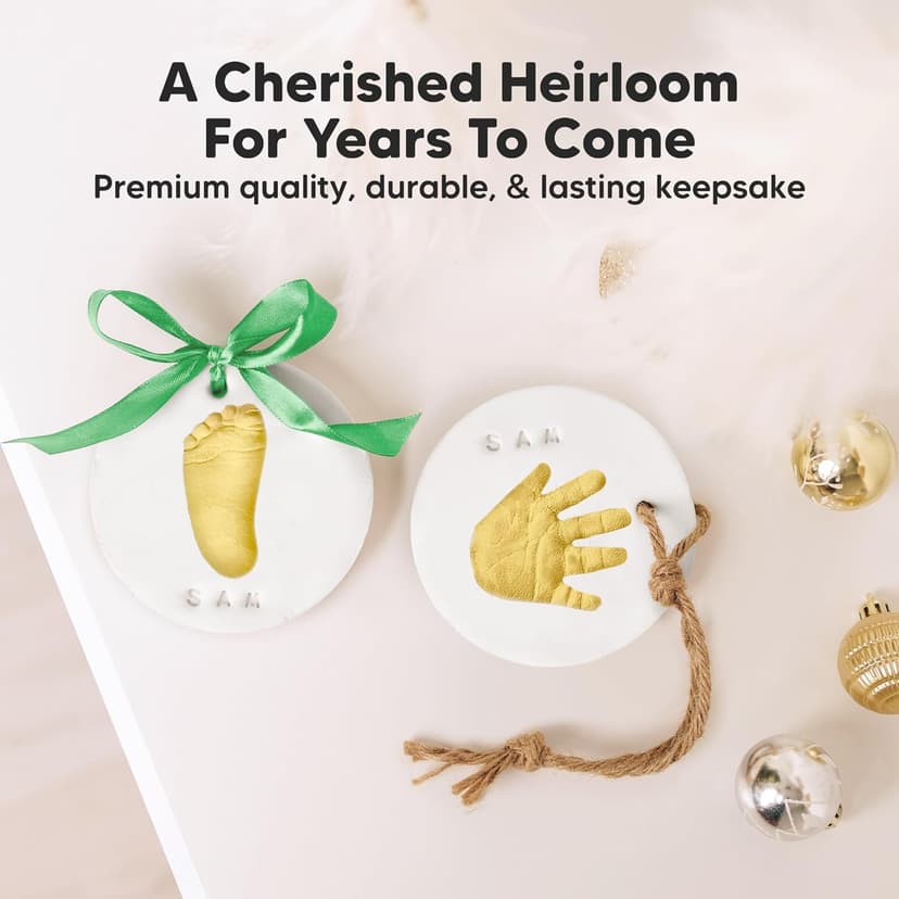 Baby Hand and Footprint Kit Girls, Boys - Personalized Baby’s First Christmas Ornament Kit, Newborn Christmas Gifts for New Mom, Cute Shower Gifts, Easy to Use Handprint Ornaments(Gold Paint, Cherish)